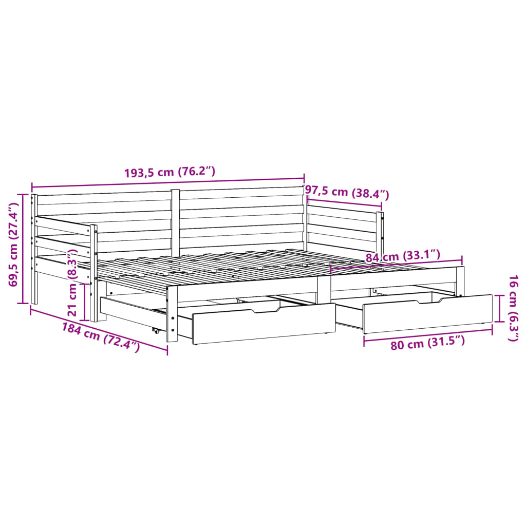 vidaXL Válenda s přistýlkou a zásuvkami bílá 90x190 cm masiv borovice