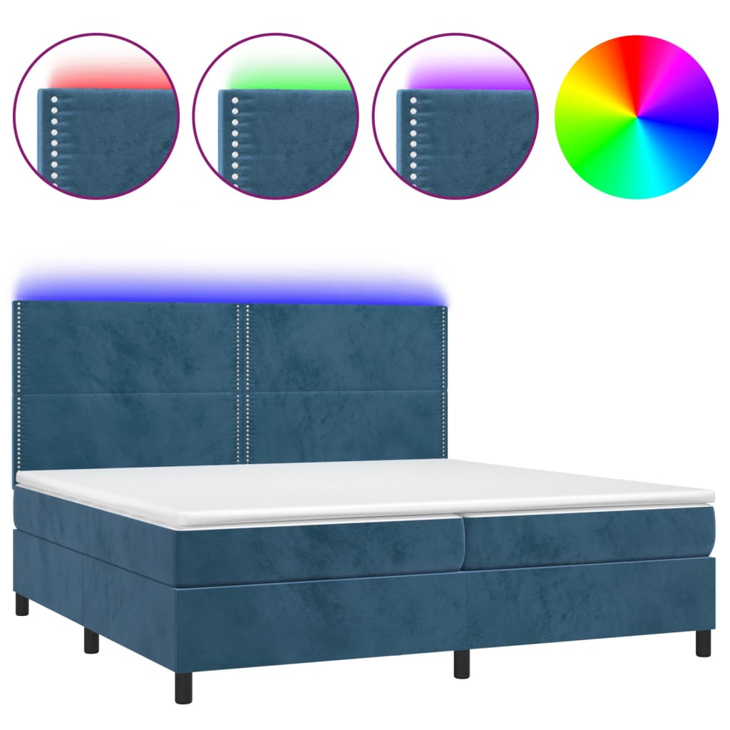 vidaXL Box spring postel s matrací a LED tmavě modrá 200x200 cm samet