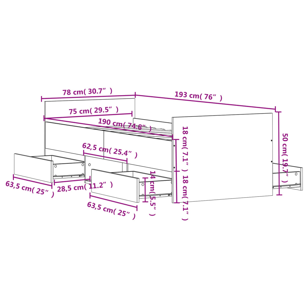 vidaXL Rám postele s hlavovým a nožním čelem kouřový dub 75 x 190 cm