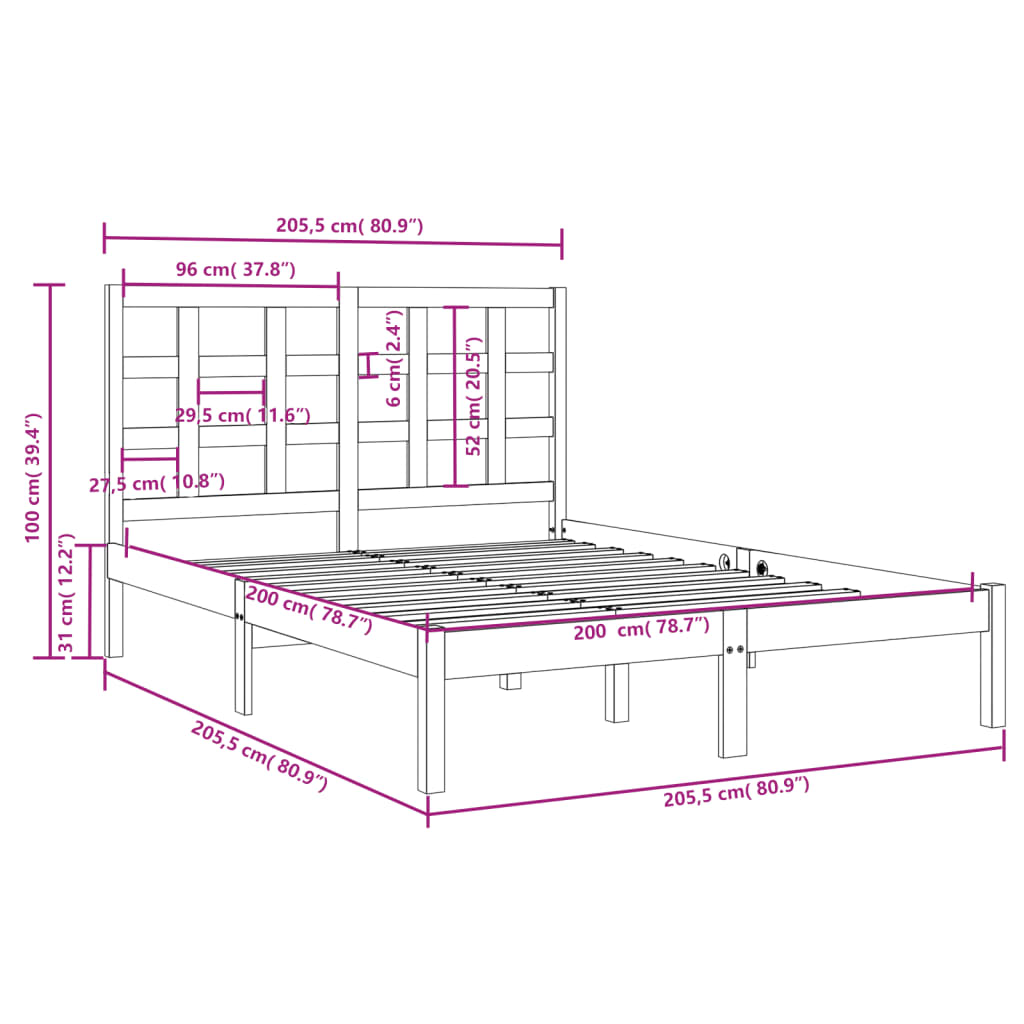 vidaXL Rám postele masivní dřevo 200 x 200 cm