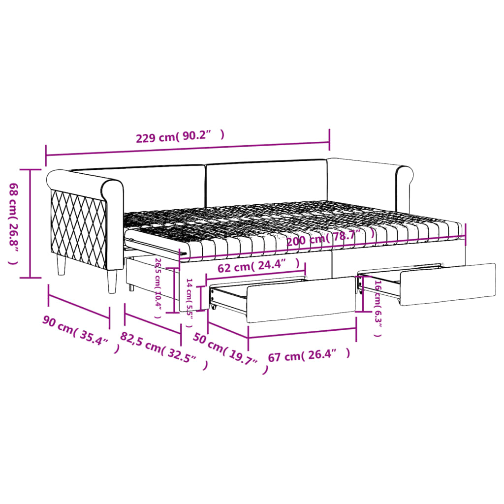 vidaXL Válenda s přistýlkou a zásuvkami černá 80 x 200 cm samet