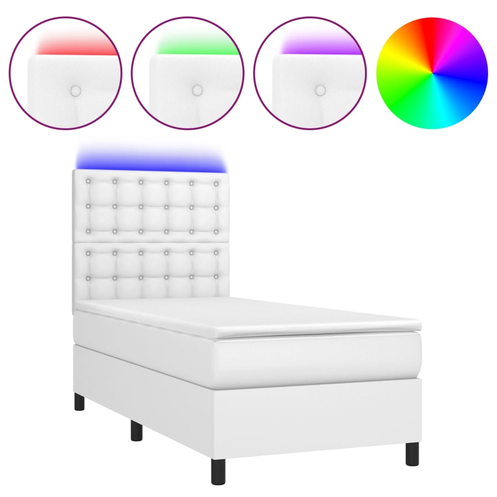 vidaXL Box spring postel s matrací a LED bílá 90x200 cm umělá kůže