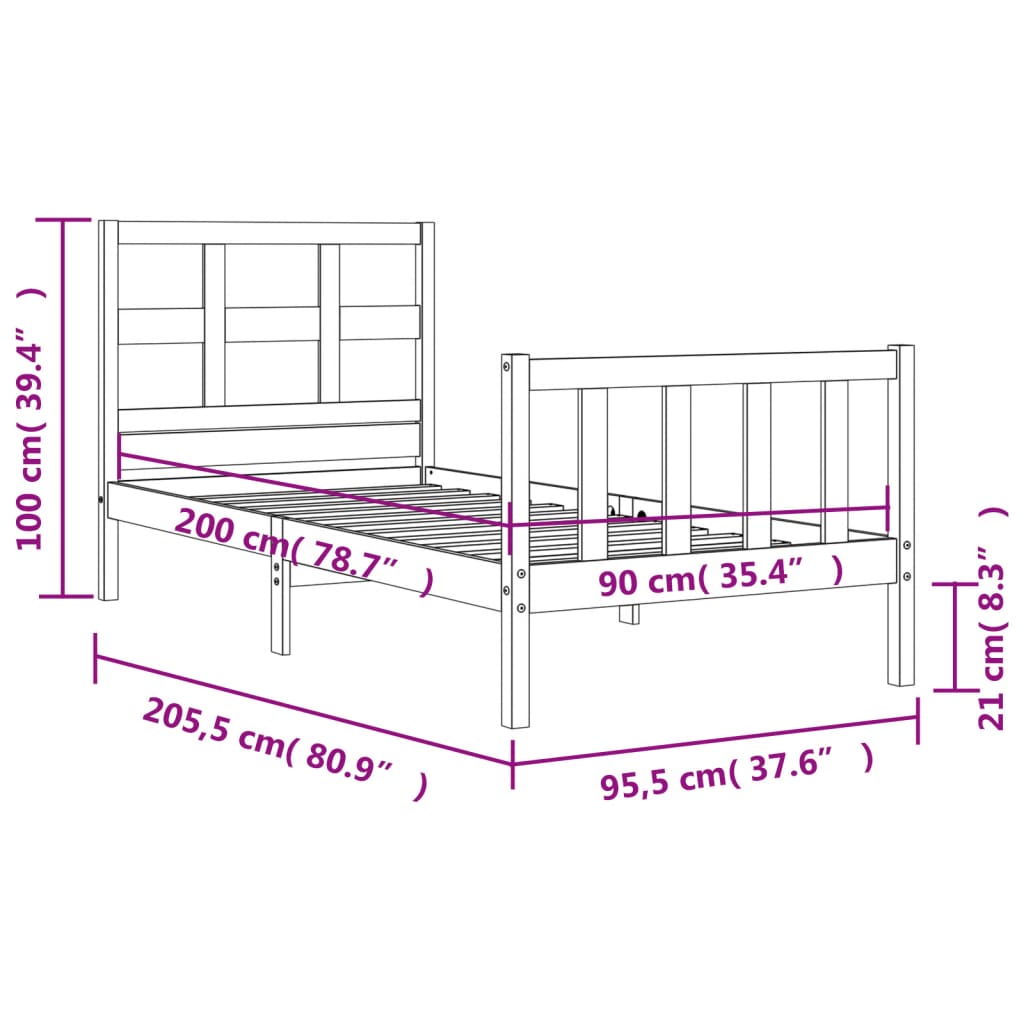 vidaXL Rám postele s čelem bílý 90 x 200 cm masivní dřevo