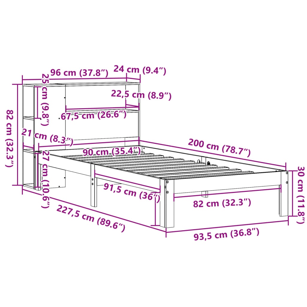 vidaXL Postel s knihovnou bez matrace 90 x 200 cm masivní borovice