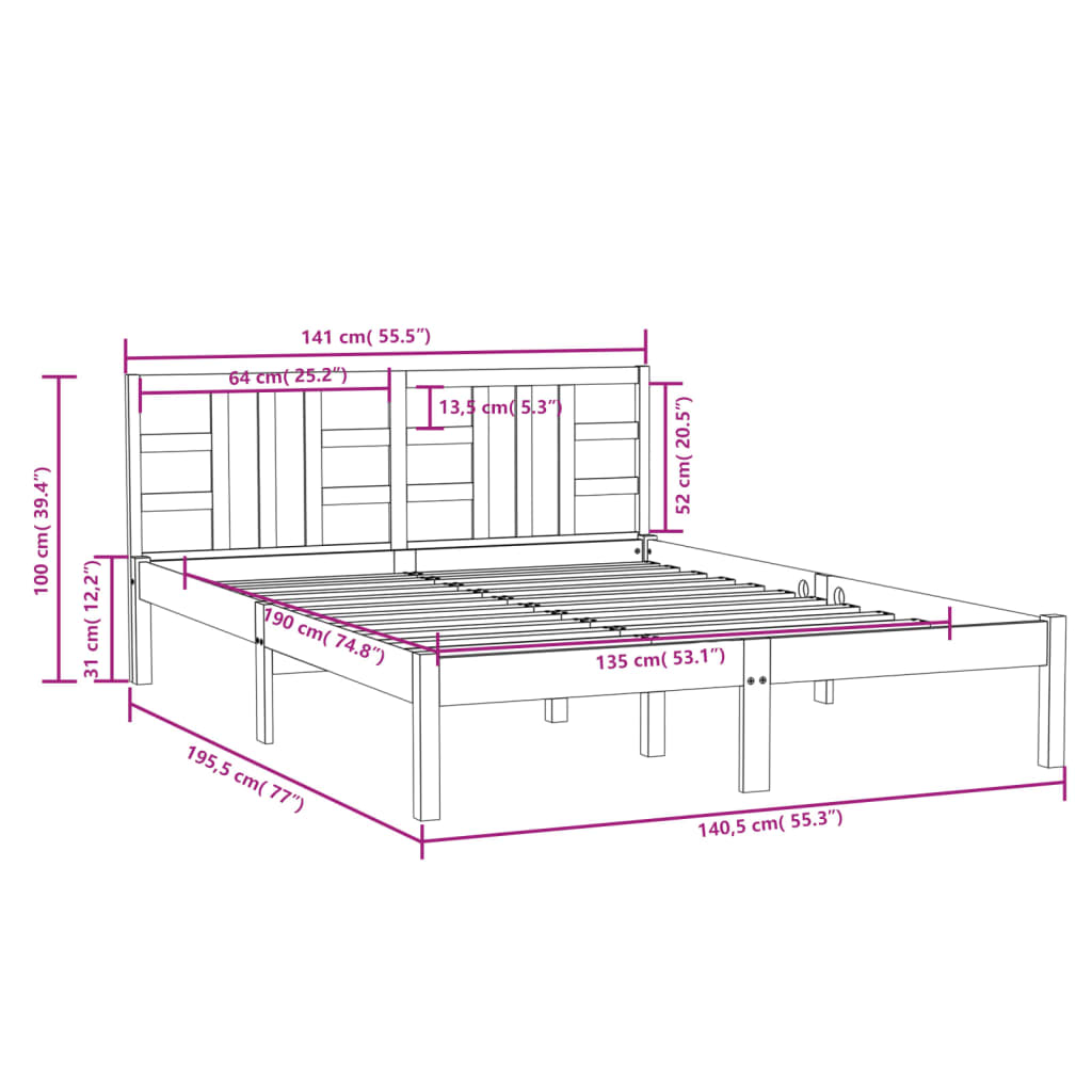 vidaXL Rám postele bílý masivní dřevo 135 x 190 cm dvojlůžko