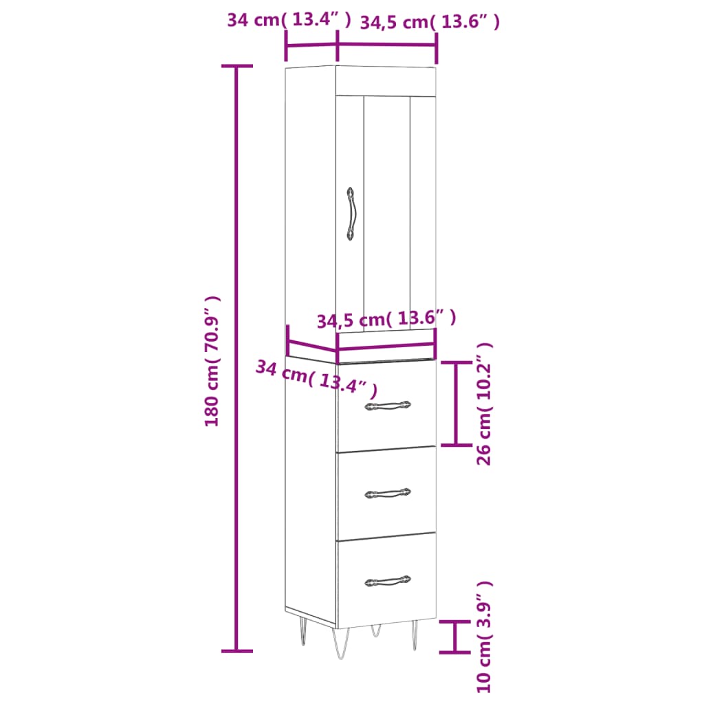 vidaXL Skříň highboard bílá s vysokým leskem 34,5x34x180 cm kompozit