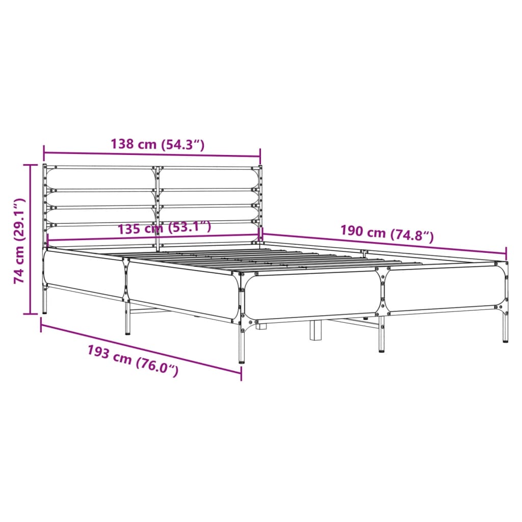 vidaXL Rám postele dub sonoma 135 x 190 cm kompozitní dřevo a kov