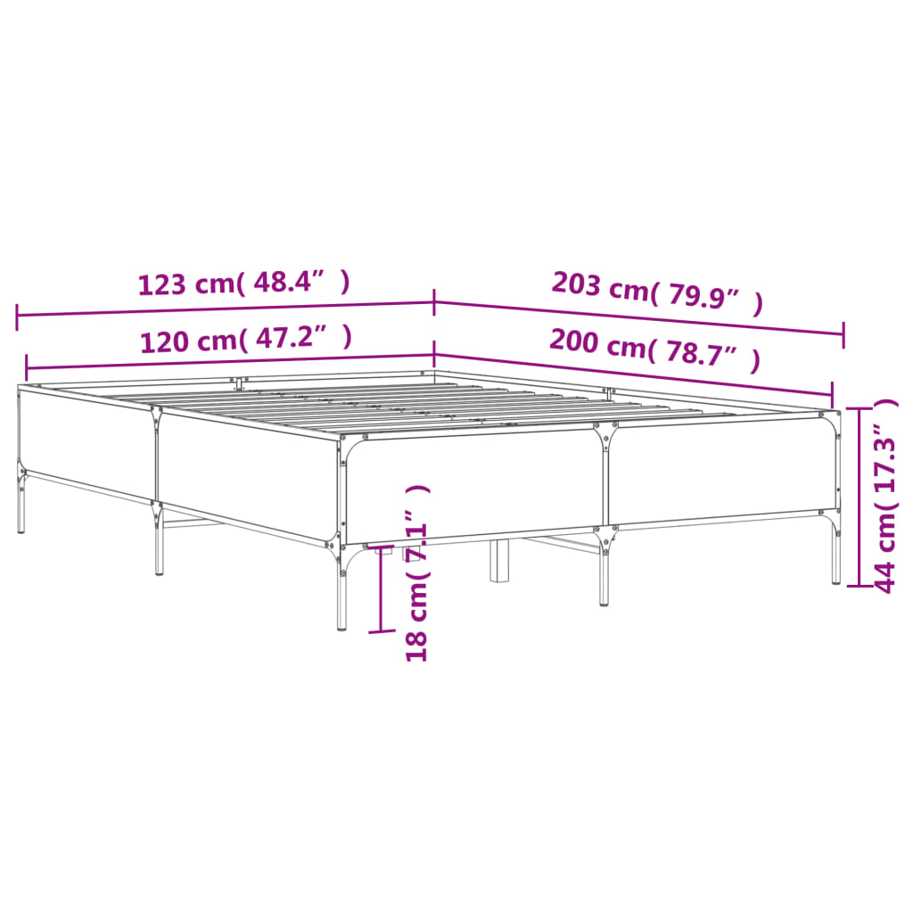 vidaXL Rám postele šedý sonoma 120 x 200 cm kompozitní dřevo a kov