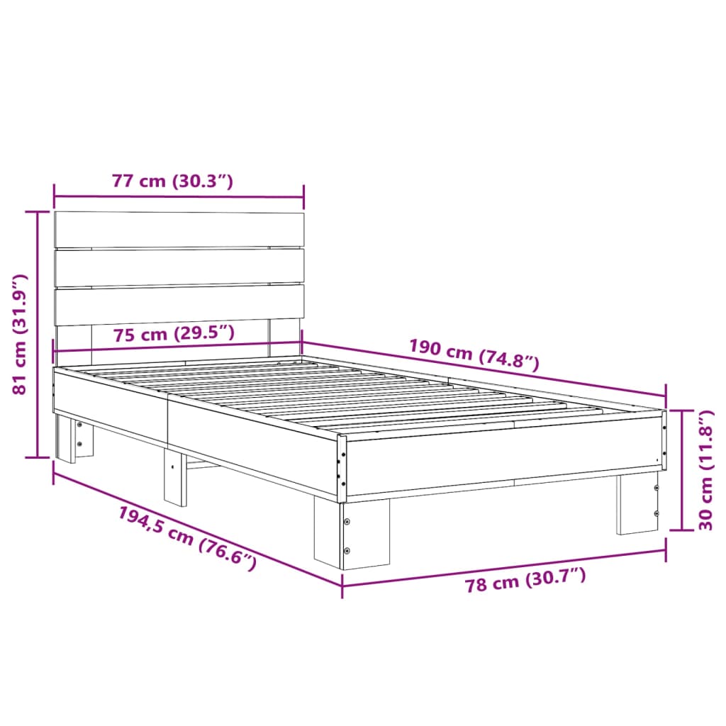 vidaXL Rám postele hnědý dub 75 x 190 cm kompozitní dřevo a kov