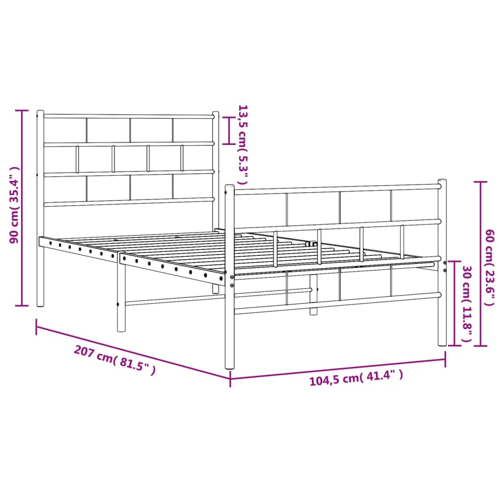 vidaXL Kovový rám postele s hlavovým a nožním čelem bílý 100 x 200 cm