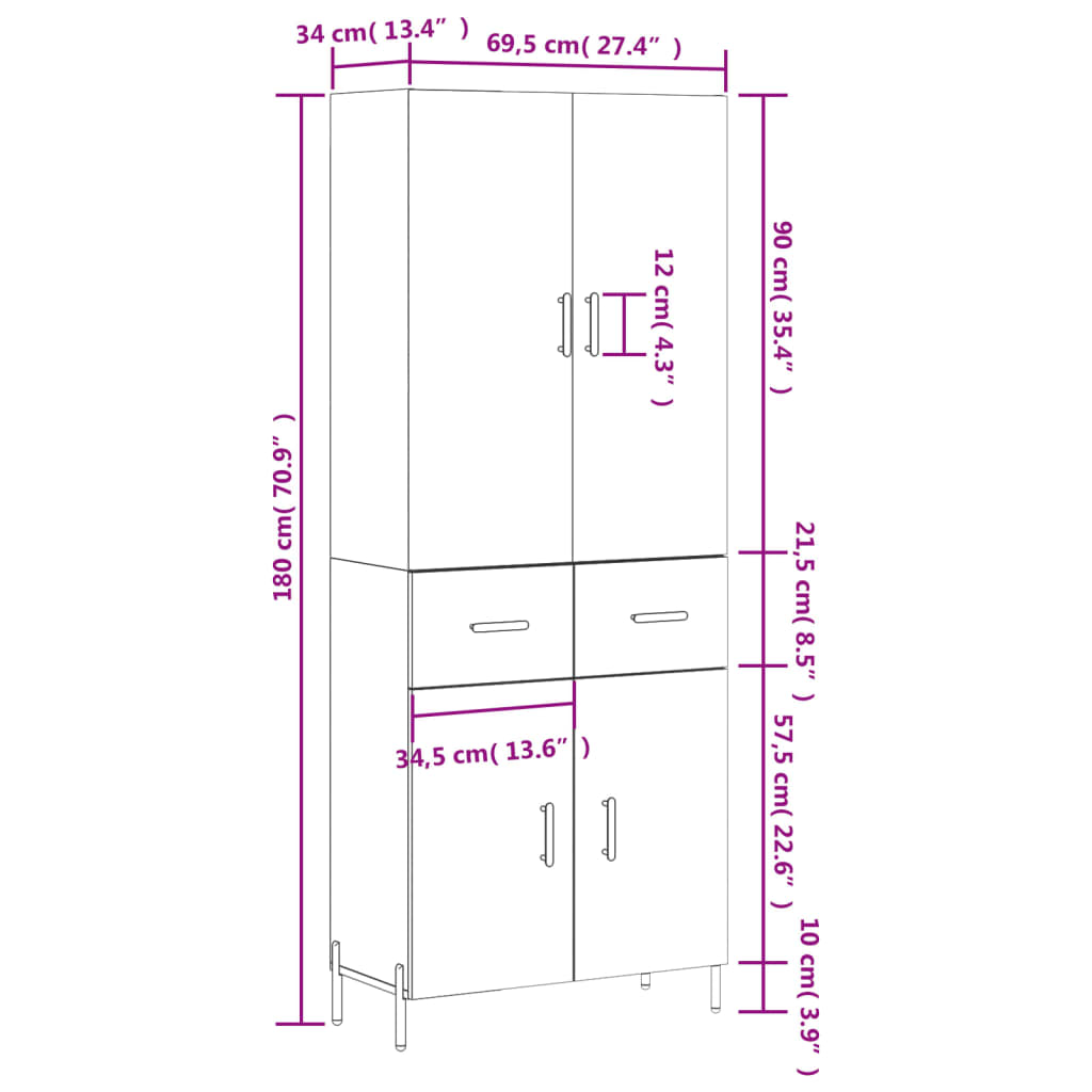 vidaXL Skříň highboard šedá sonoma 69,5 x 34 x 180 cm kompozitní dřevo