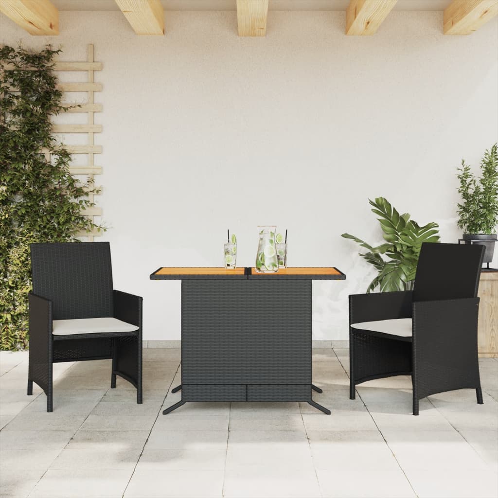 vidaXL 3dílný bistro set s poduškami černý polyratan