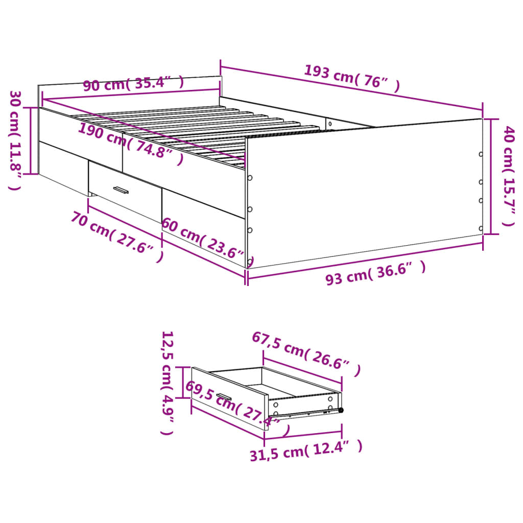 vidaXL Rám postele se zásuvkami šedý sonoma 90x190 cm kompozitní dřevo