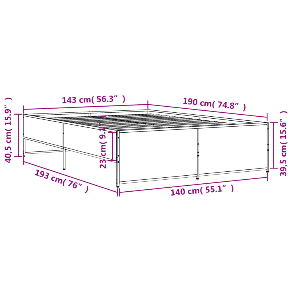 vidaXL Rám postele dub sonoma 140 x 190 cm kompozitní dřevo a kov