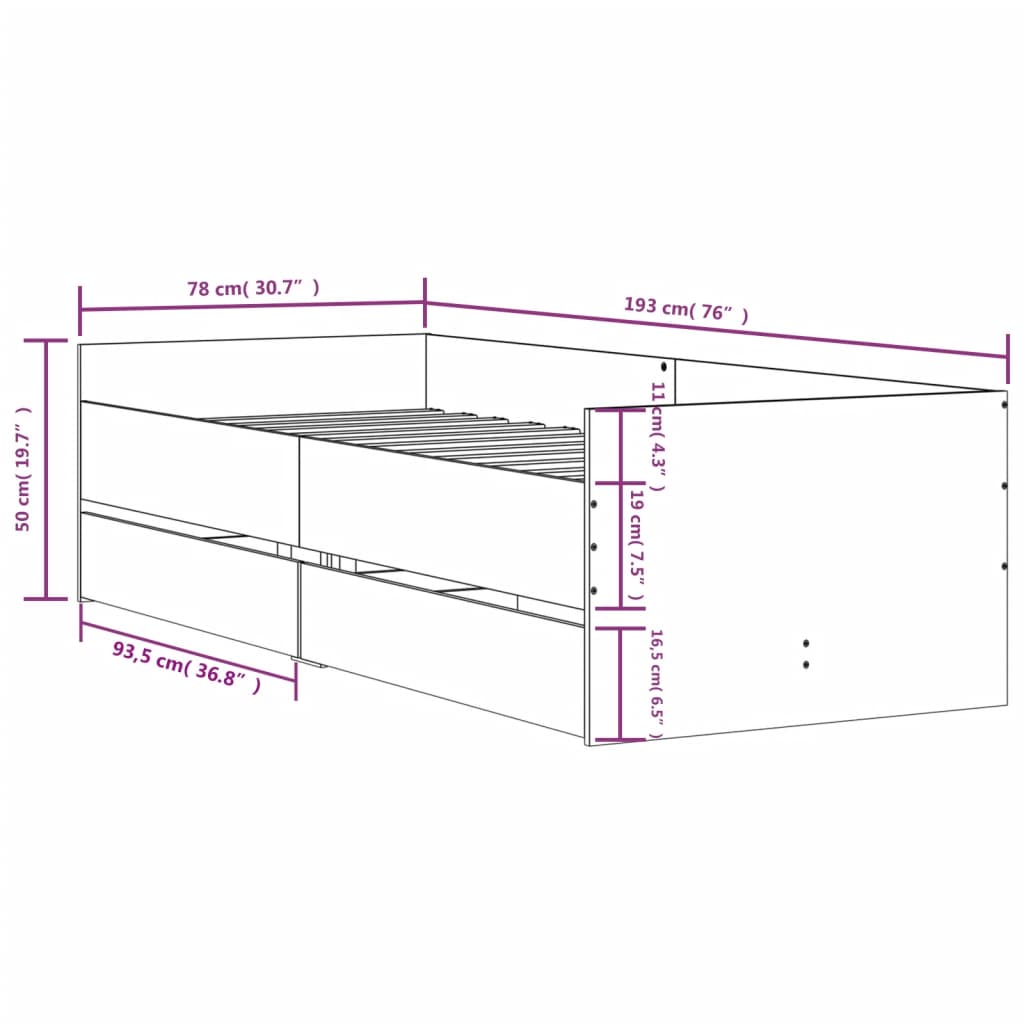 vidaXL Rám postele se zásuvkami kouřový dub 75 x 190 cm Small Single