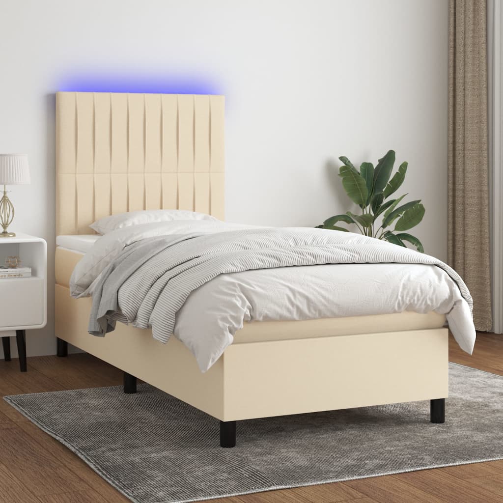 vidaXL Box spring postel s matrací a LED krémová 90x190 cm textil