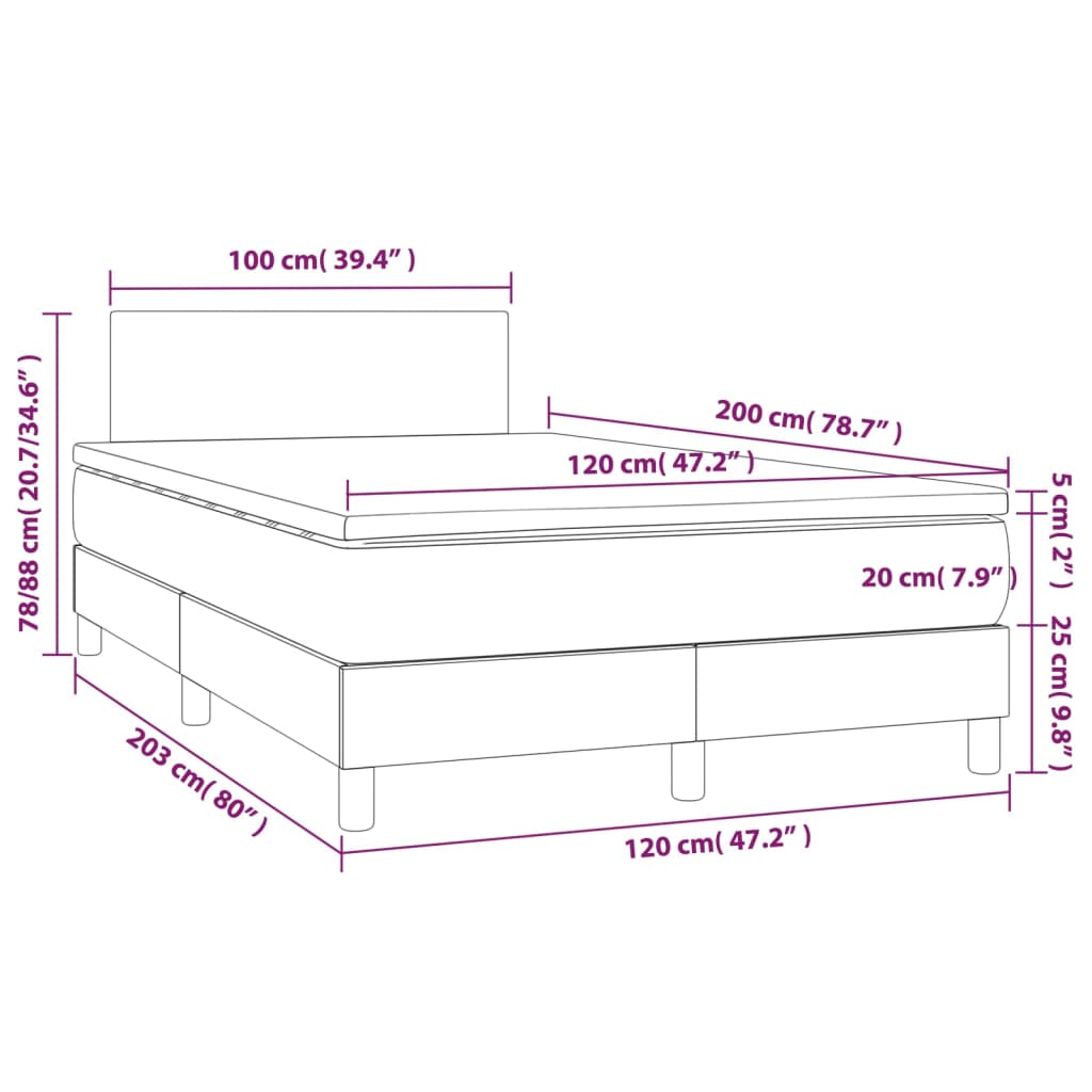 vidaXL Box spring postel s matrací a LED tmavě hnědá 120x200 cm textil