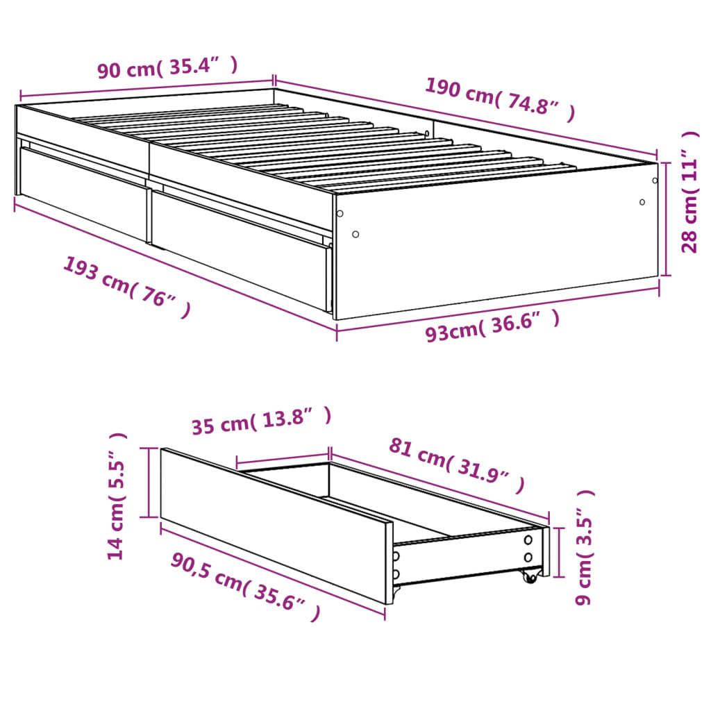 vidaXL Rám postele se zásuvkami kouřový dub 90x190 cm kompozitní dřevo