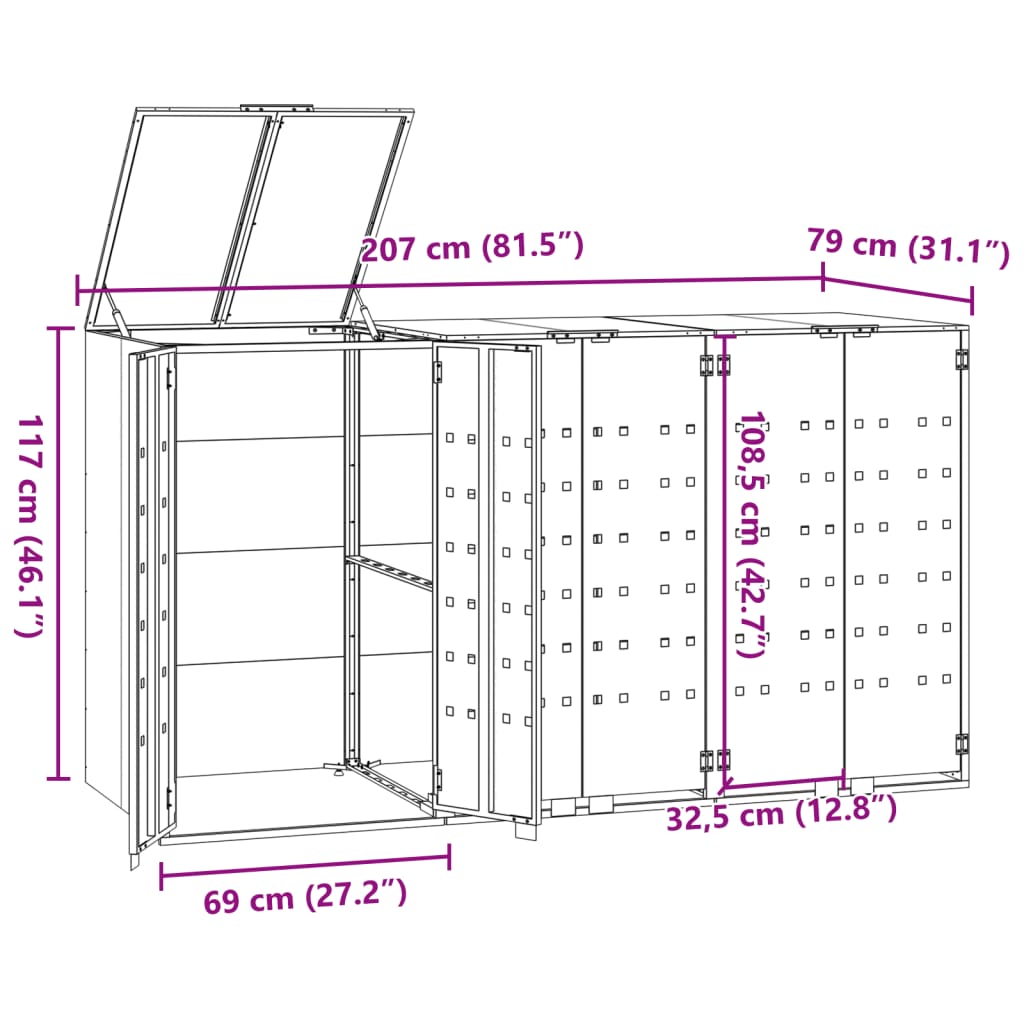 vidaXL Box na 3 popelnice antracitový 207 x 79 x 117 cm ocel