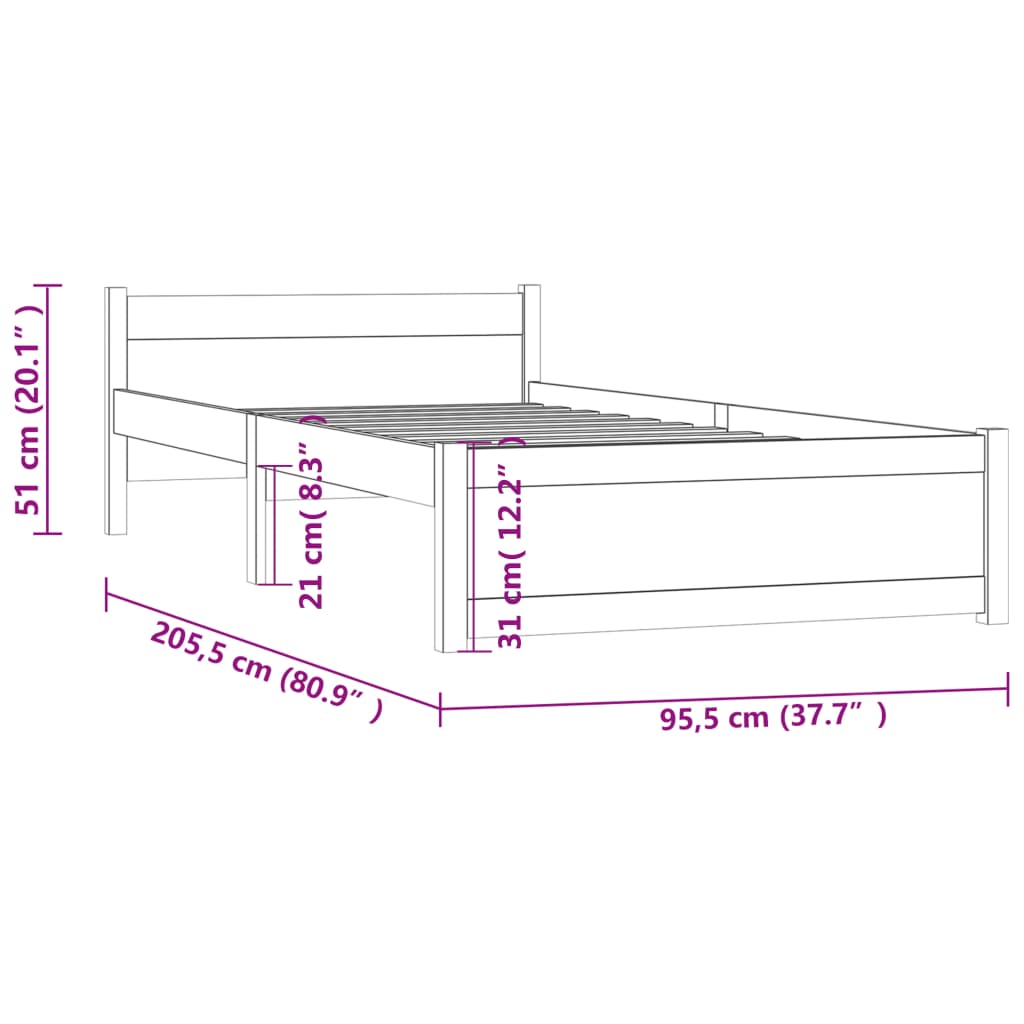 vidaXL Rám postele bílý masivní dřevo 90 x 200 cm