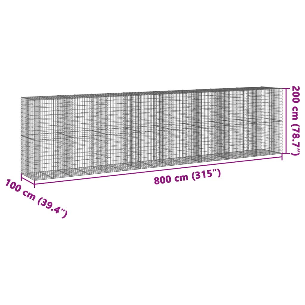 vidaXL Gabionový koš s víkem 800 x 100 x 200 cm pozinkované železo