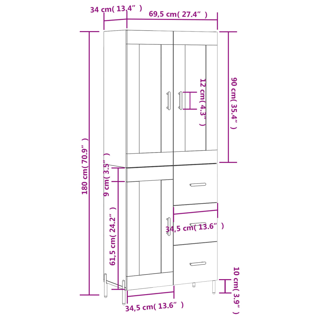 vidaXL Skříň highboard betonově šedá 69,5x34x180 cm kompozitní dřevo