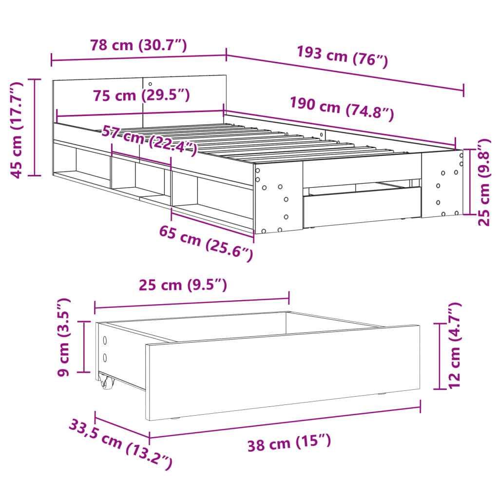 vidaXL Rám postele se zásuvkou dub sonoma 75 x 190 cm kompozitní dřevo