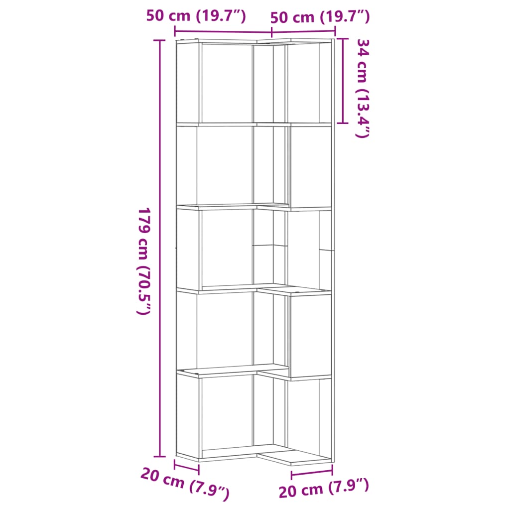 vidaXL Rohová 5patrová knihovna dub sonoma 50 x 50 x 179 cm kompozit