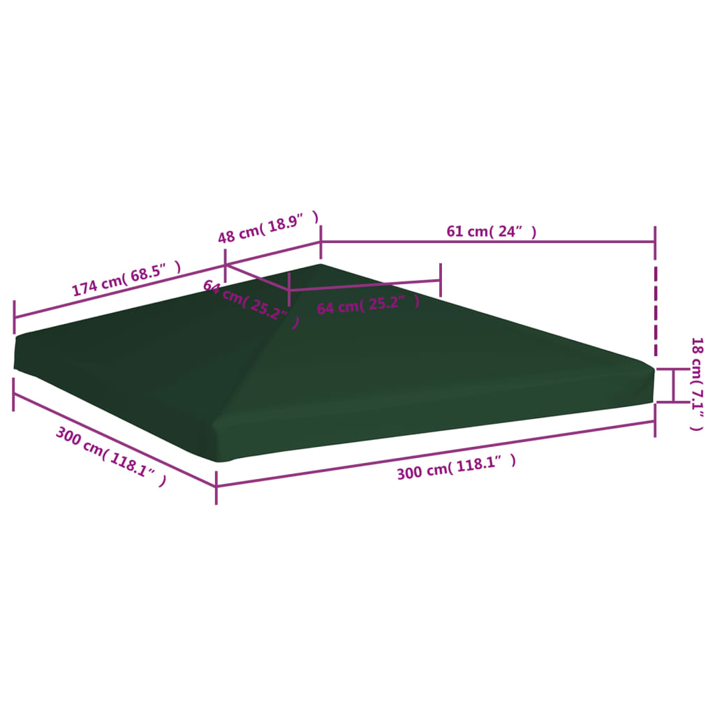 vidaXL Náhradní střecha na altán 310 g/m² 3 x 3 m zelená