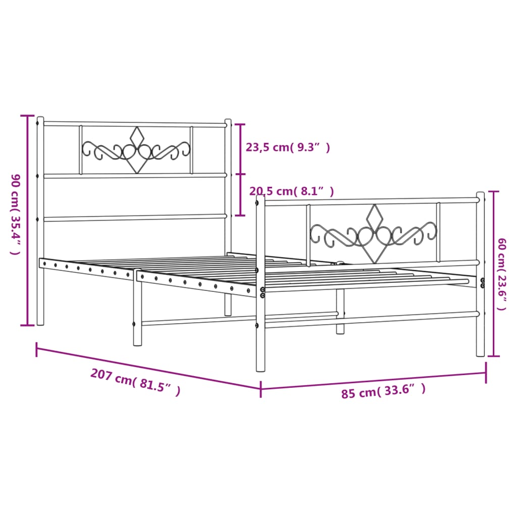 vidaXL Kovový rám postele s hlavovým a nožním čelem černý 80 x 200 cm