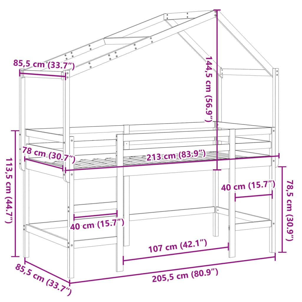 vidaXL Patrová postel s žebříkem a střechou 80 x 200 cm borovice