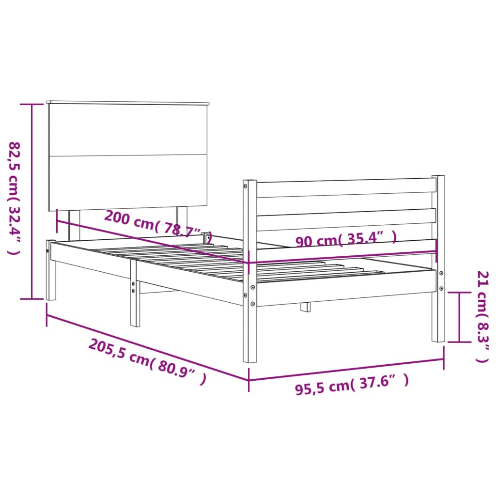 vidaXL Rám postele s čelem bílý 90 x 200 cm masivní dřevo