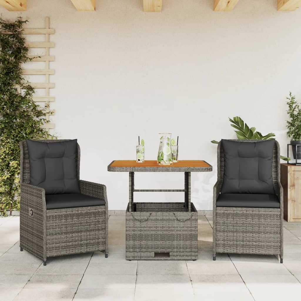 vidaXL 3dílný bistro set s poduškami šedý polyratan