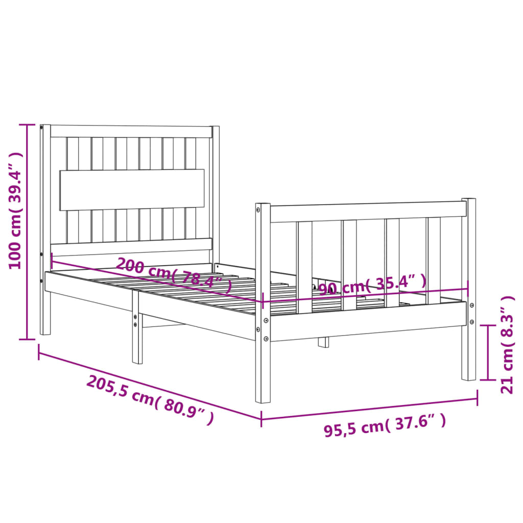 vidaXL Rám postele s čelem 90 x 200 cm masivní dřevo