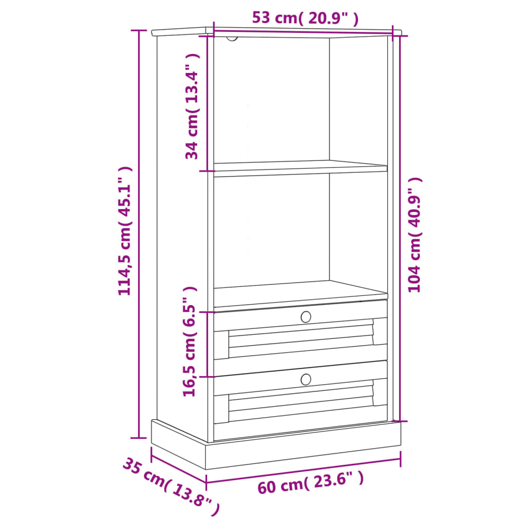 vidaXL Knihovna VIGO 60 x 35 x 114,5 cm masivní borové dřevo