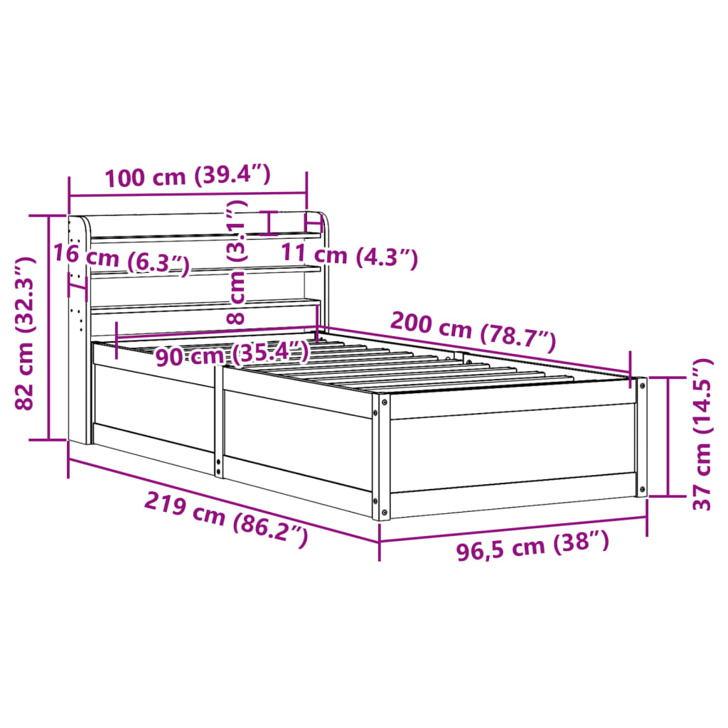 vidaXL Rám postele s čelem bílý 90 x 200 cm masivní borové dřevo