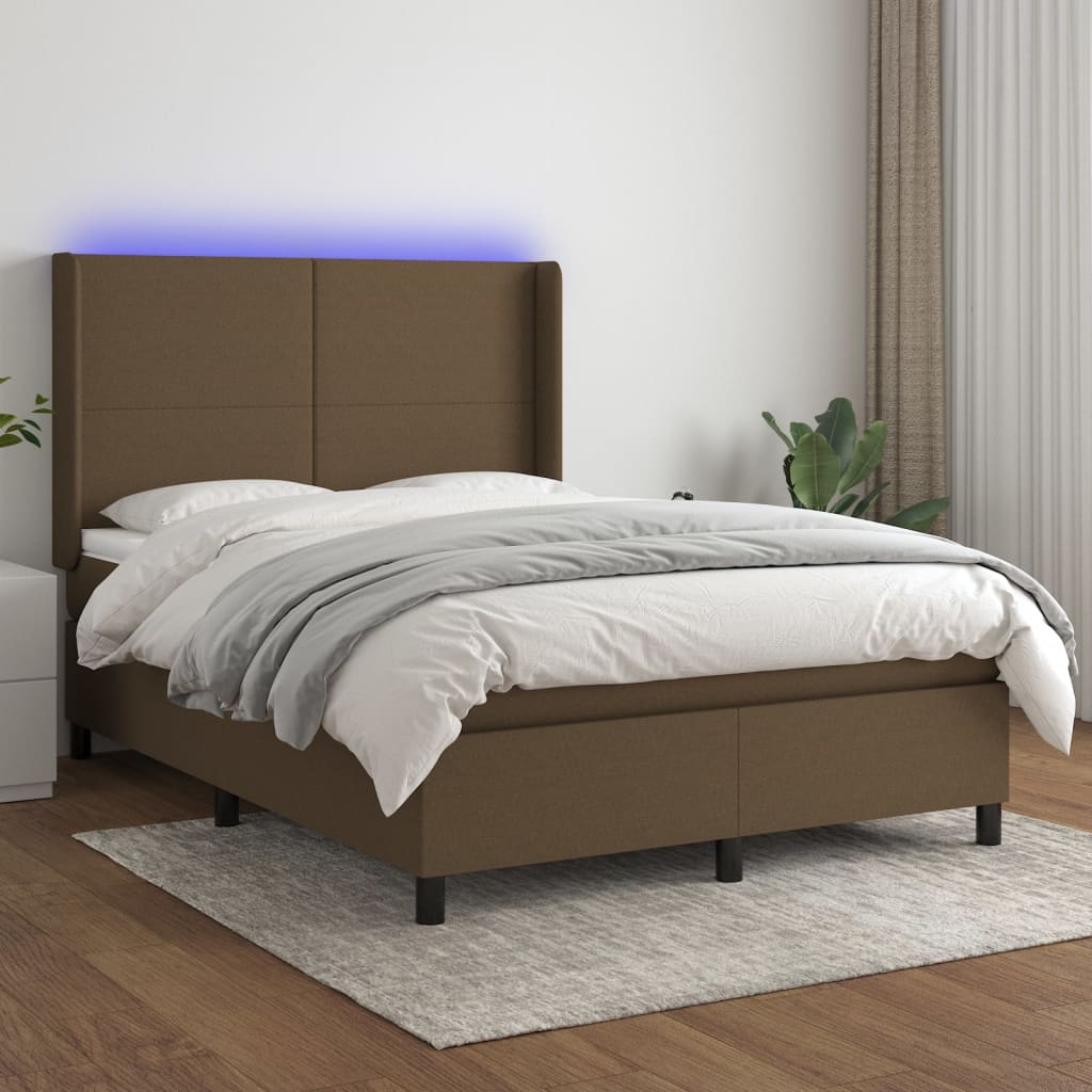 vidaXL Box spring postel s matrací a LED tmavě hnědá 140x190 cm textil