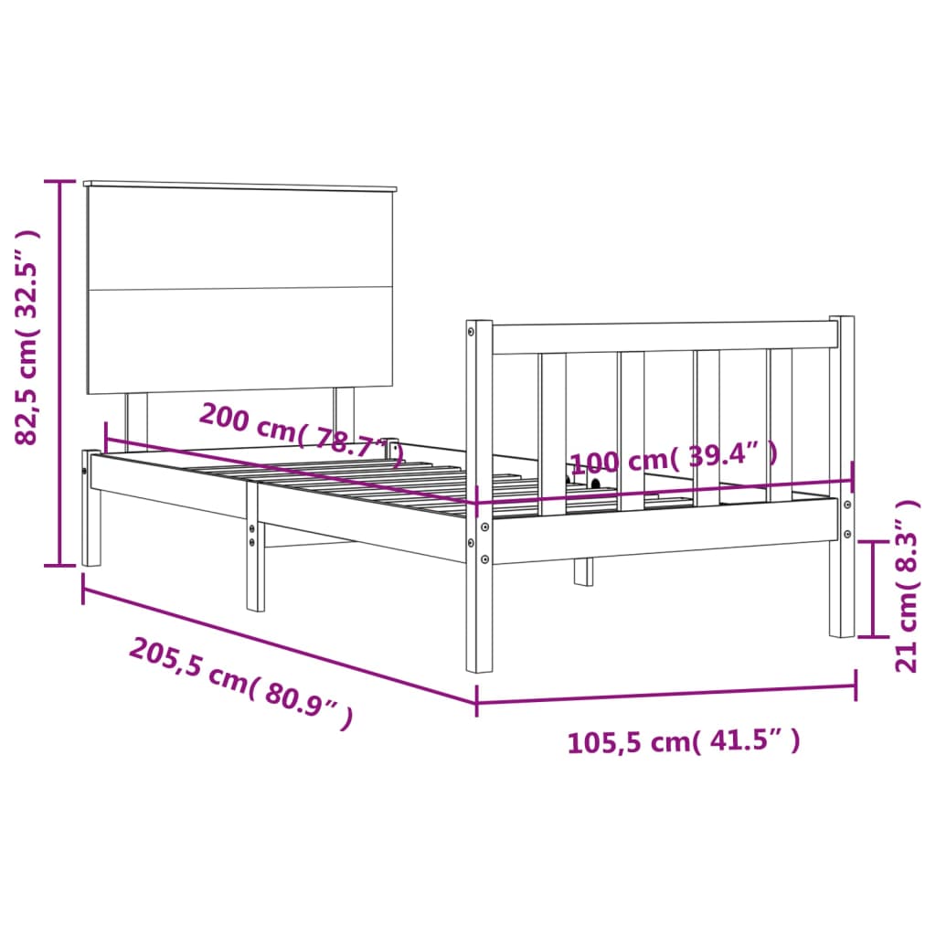 vidaXL Rám postele s čelem černý 100 x 200 cm masivní dřevo