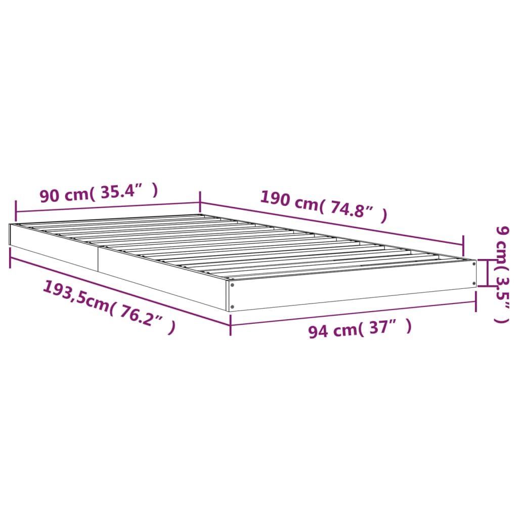 vidaXL Rám postele černý 90 x 190 cm Single masivní borovice