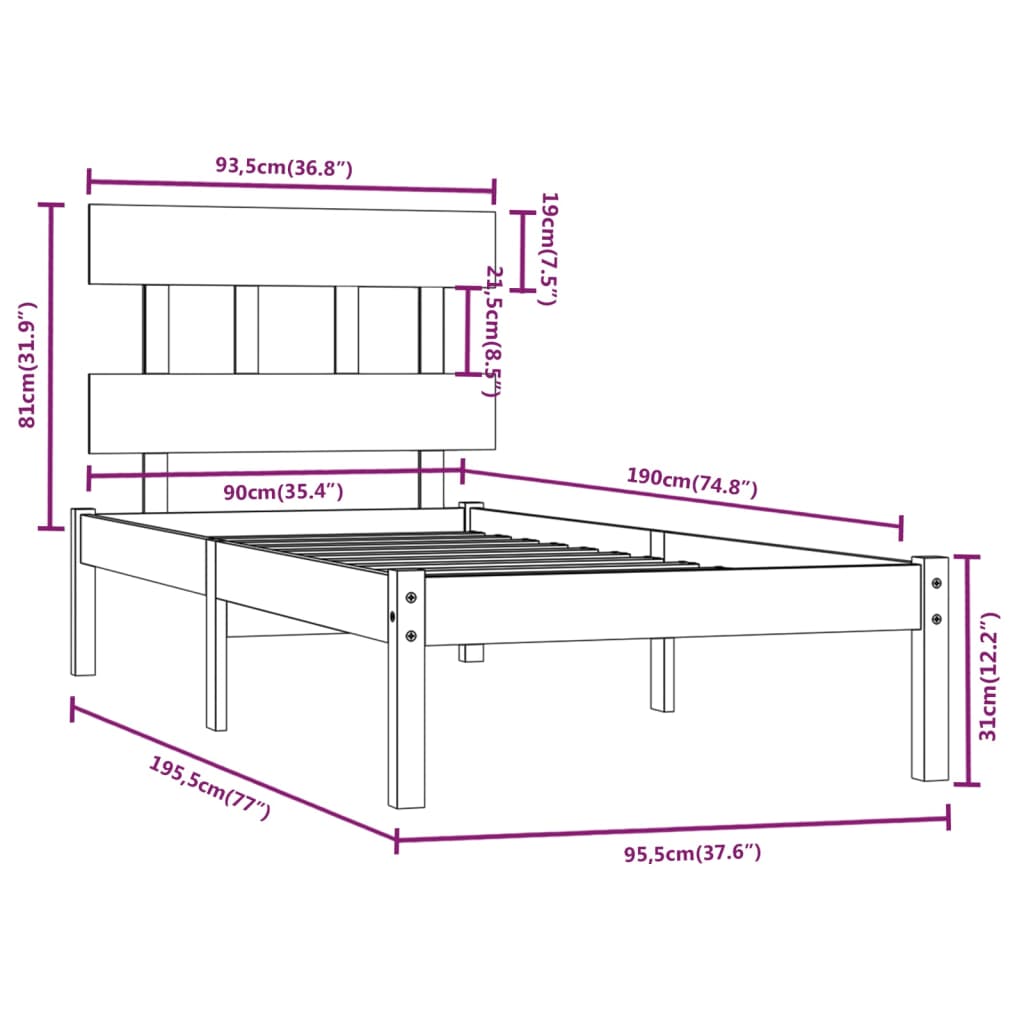 vidaXL Rám postele černý masivní dřevo 90 x 190 cm jednolůžko