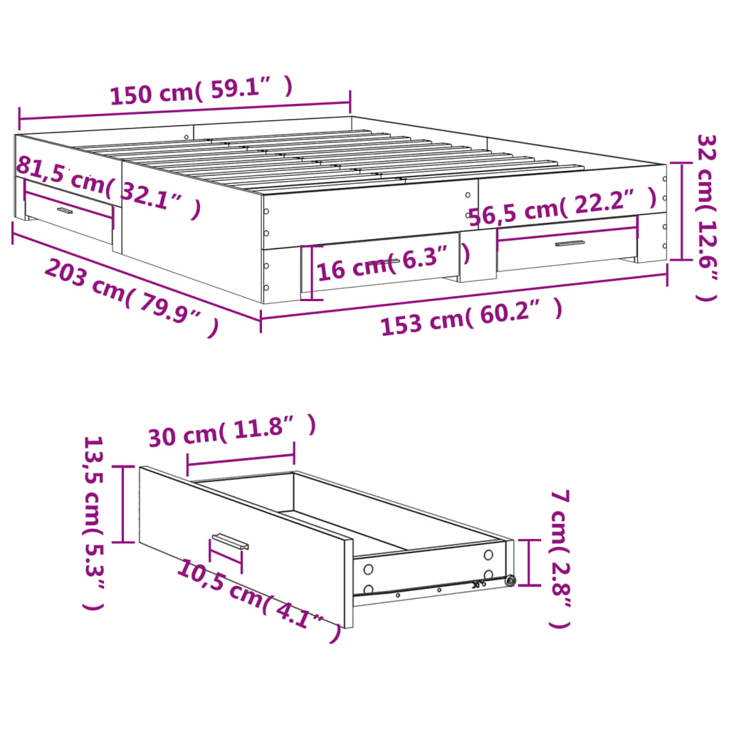 vidaXL Rám postele se zásuvkami kouřový dub 150 x 200 cm kompozit