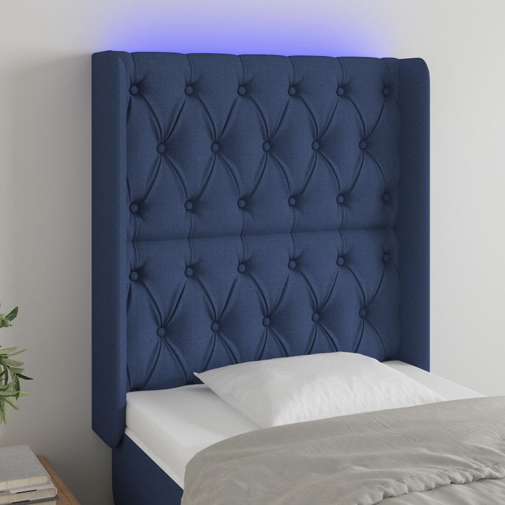 vidaXL Čelo postele s LED modré 83 x 16 x 118/128 cm textil