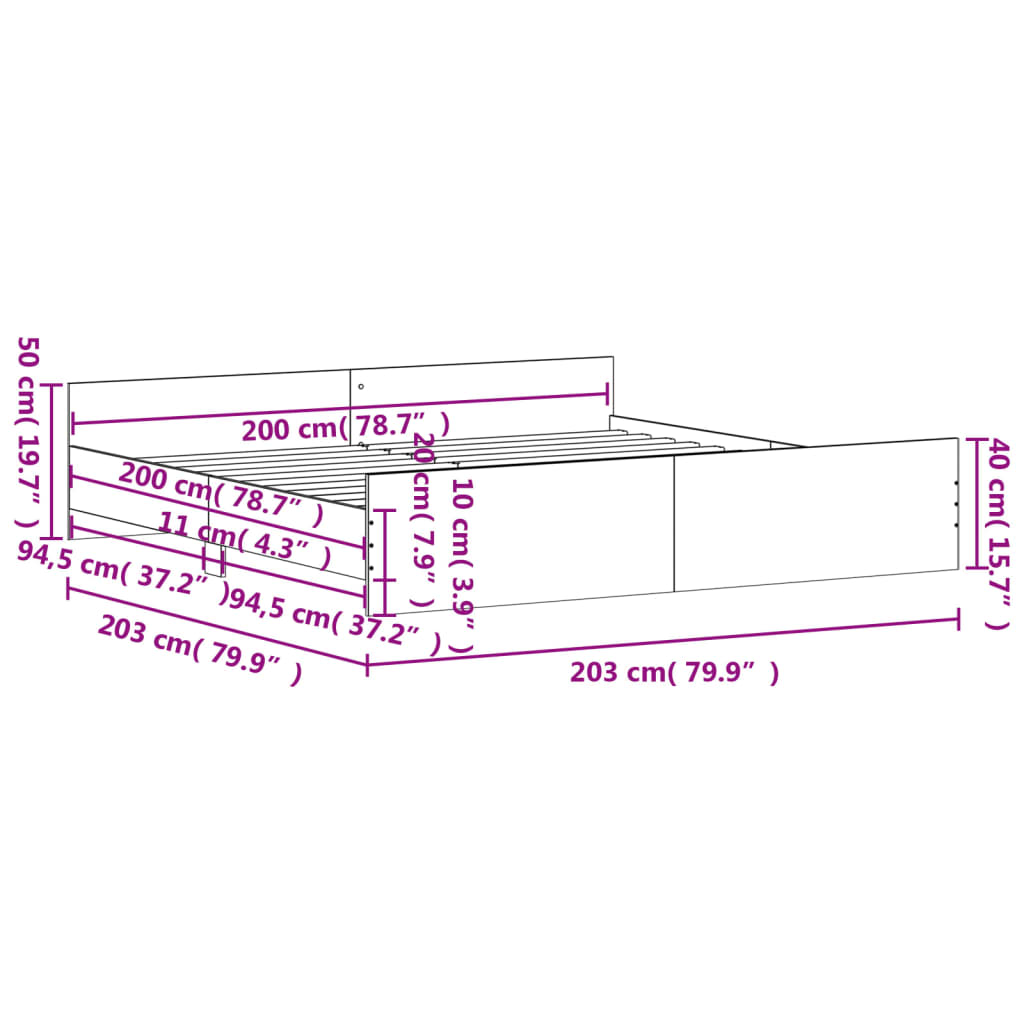 vidaXL Rám postele s hlavovým a nožním čelem kouřový dub 200 x 200 cm