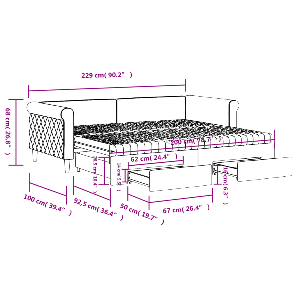 vidaXL Válenda s přistýlkou a zásuvkami tmavě šedá 90 x 200 cm samet