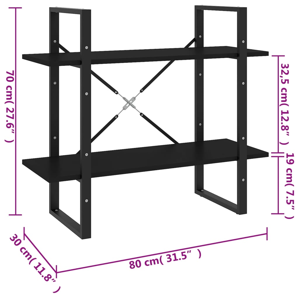 vidaXL Knihovna se 2 policemi černá 80 x 30 x 70 cm kompozitní dřevo