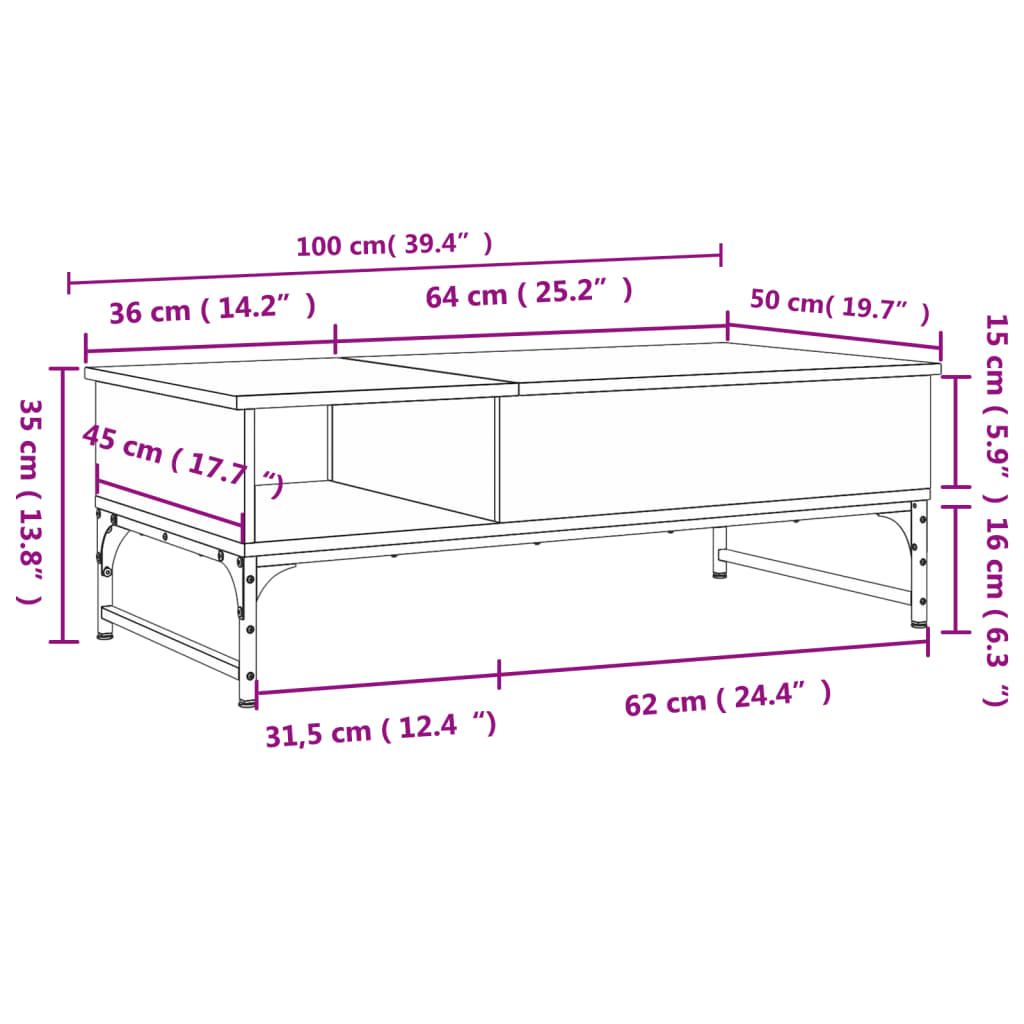 vidaXL Konferenční stolek kouřový dub 100 x 50 x 35 cm kompozit a kov