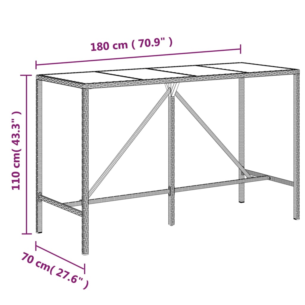 vidaXL Barový stůl se skleněnou deskou hnědý 180x70x110 cm polyratan