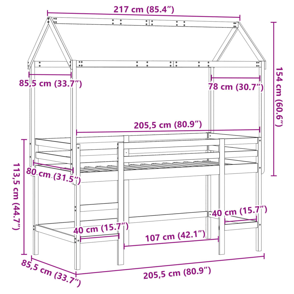 vidaXL Patrová postel s žebříkem a střechou bílá 80 x 200 cm borovice