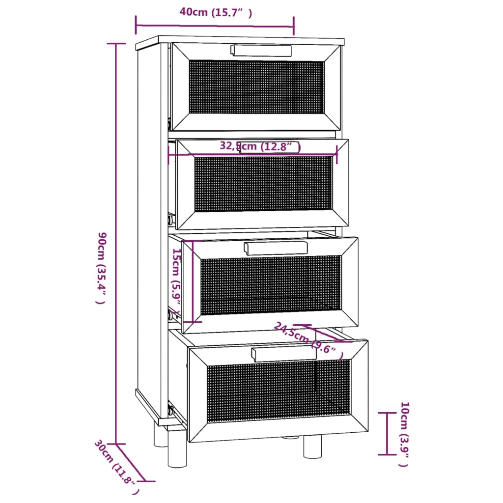 vidaXL Příborník bílý 40x30x90 cm masivní borovice a přírodní ratan