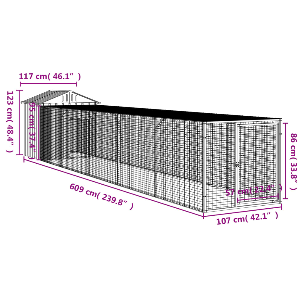 vidaXL Kurník s výběhem světle šedý 117x609x123 cm pozinkovaná ocel